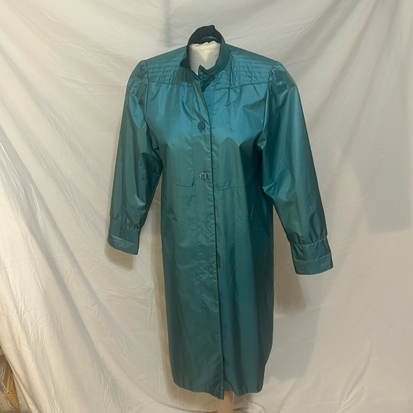 Vintage Trenchcoat Women L Turquoise Metallics Shimmer with Pockets Button Down - Picture 1 of 17